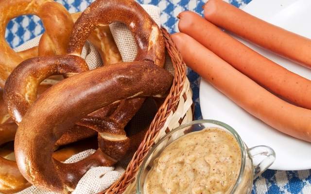 Bavarian Cuisine in Munich with Pretzel, Mustard and Sausages