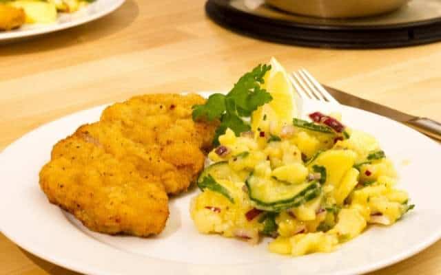 Bavarian Cuisine Schnitzel made of Veal served with potato salad