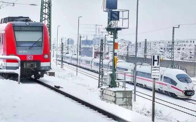 Snow in Munich on the Public Transport train lines near Munich Hauptbahnhof 