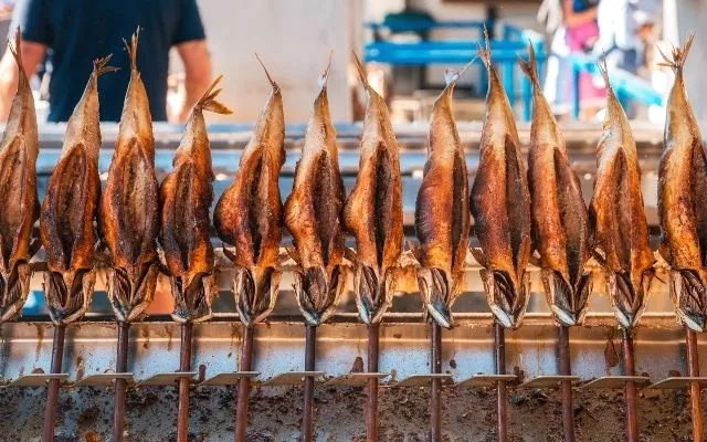 Steckerlfisch in Munich at Oktoberfest in the Fischer Vroni tent