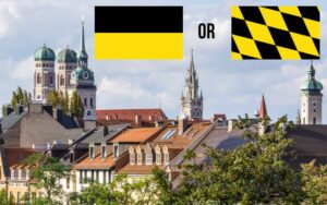 Munich Flag Black and Yellow in Striped and Lozege Versions on a Munich City Image