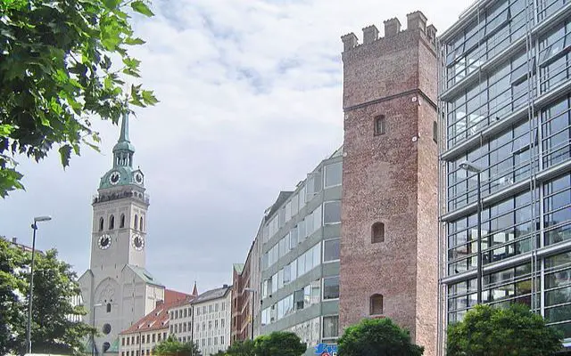 Rindermarkt Munich and the Lions Tower with Peterskirche in the background