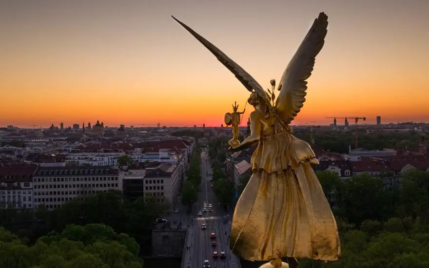 Angel of Peace Munich statue in Maximilian Park at sunset