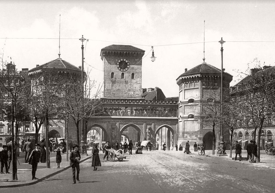 Isartor Munich Eastern City Gate featured in an  old black and white image