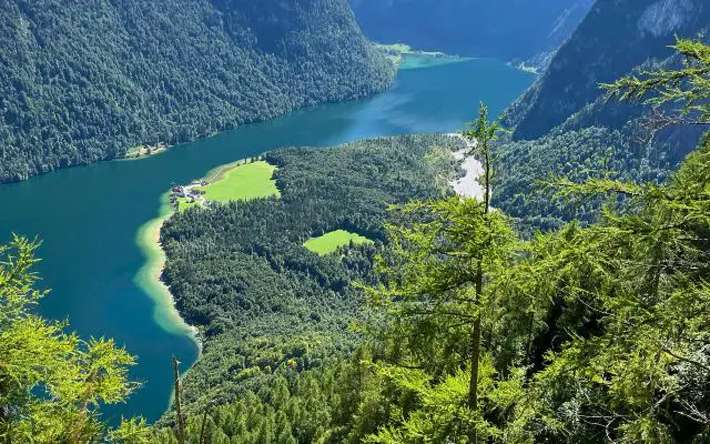 Lake Königssee high view from hiking trail on gorgeous bright day