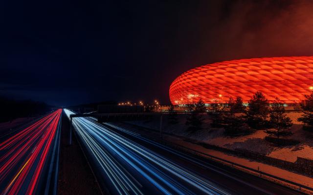 Allianz Arena Munich long exposure outside by road