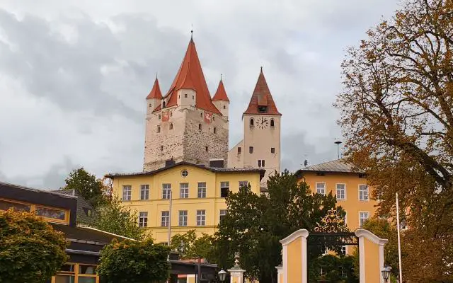 Haag Castle Bavaria shot from afar featuring both the castle and clock tower