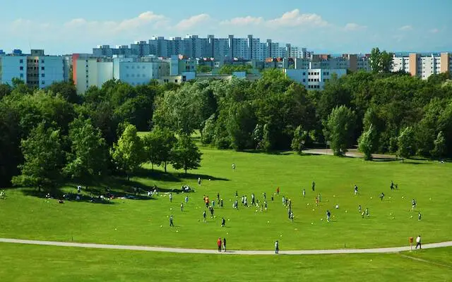 Ostpark Munich drone shot over soccer pitches